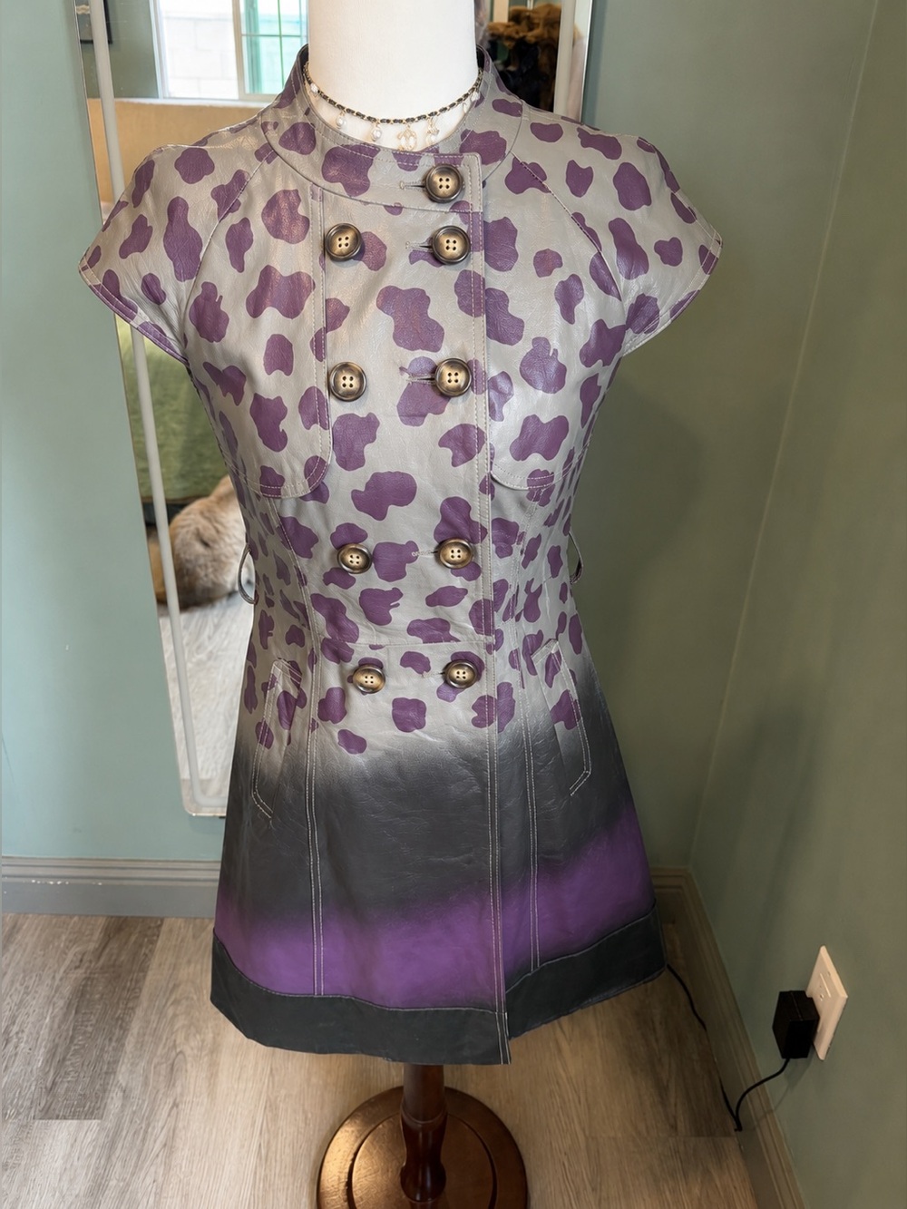 Purple Leopard Print Genuine Leather Dress Double Breasted Trench Mini Dress